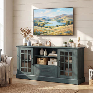Farmhouse TV Stand 62 Inch with Storage Cabinets and Glass Doors
