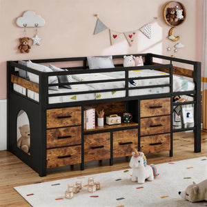Twin Low Loft Bed with 8 Storage Drawers & Bookcase