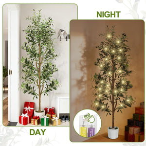 Faux Olive Tree – 6ft & 7ft Indoor Artificial Tree with Planter, Basket & Lights