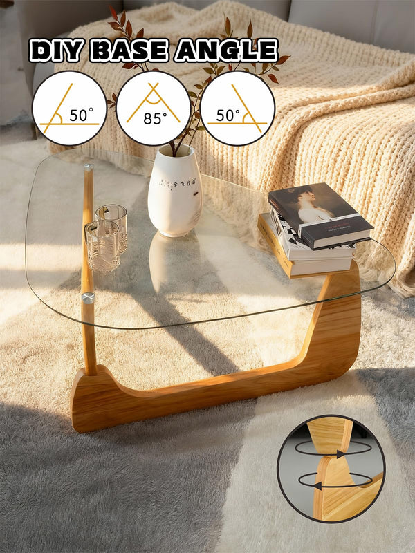 Triangle Tempered Glass Coffee Table with Wood Legs