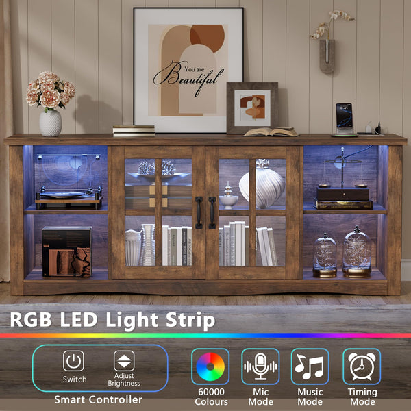 Farmhouse TV Stand 58 Inch with Glass Doors, LED Lights & USB Charging