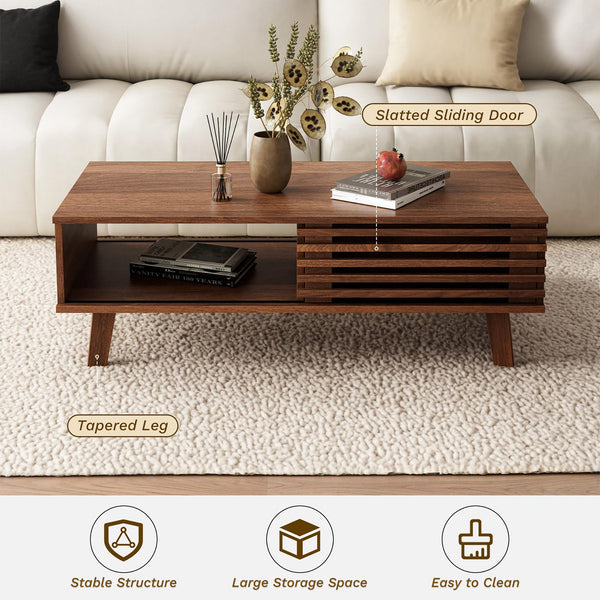 Mid-Century Coffee Table with Storage & Sliding Door