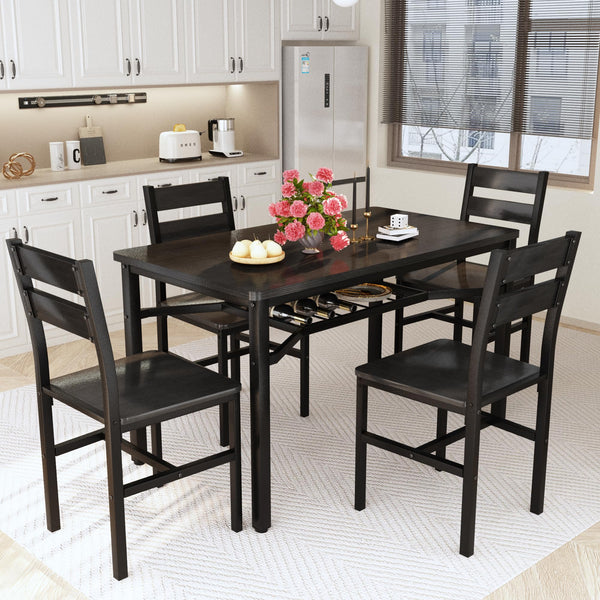 5-Piece Wood Dining Table Set with Storage Shelf