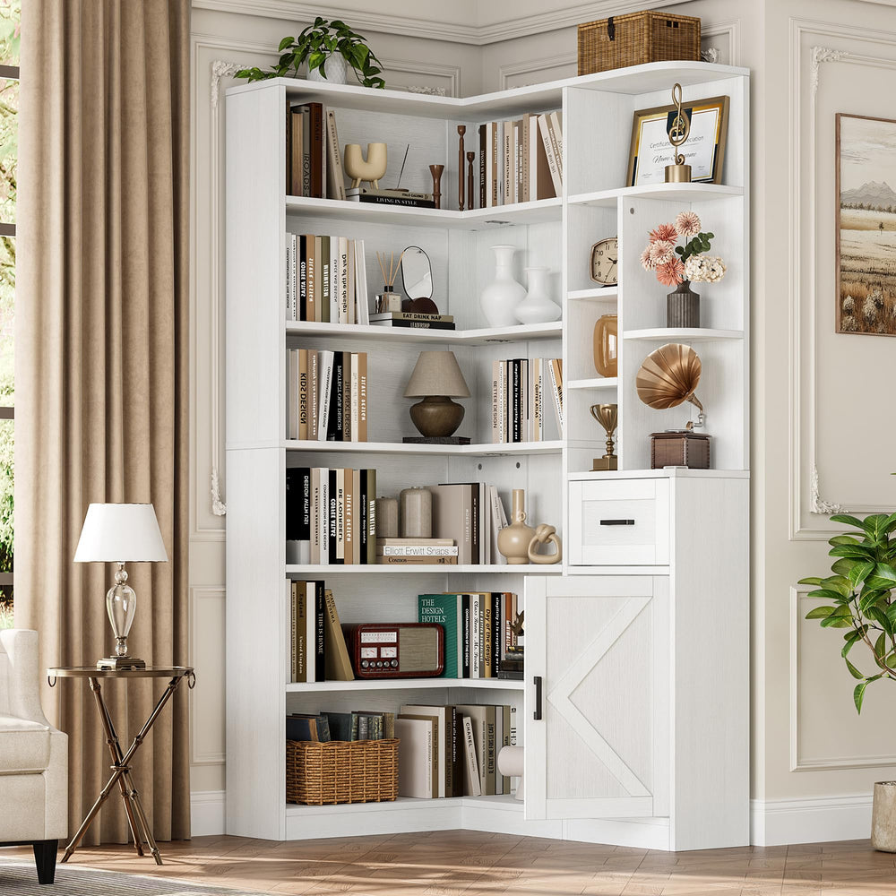 L-Shaped Corner Bookshelf, 6-Tier with Drawer & Cabinet