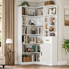 L-Shaped Corner Bookshelf, 6-Tier with Drawer & Cabinet