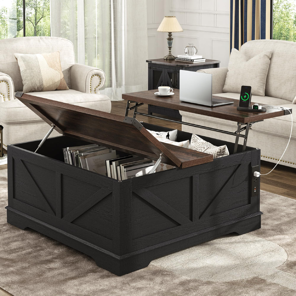 40" Square Lift Top Coffee Table with Power Outlets & Hidden Storage