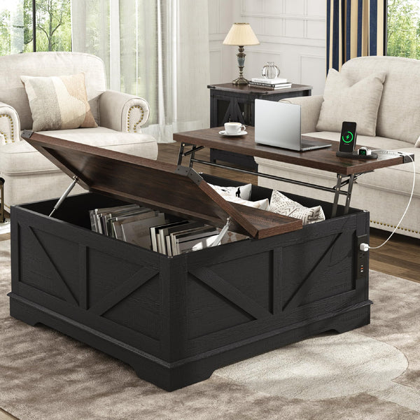 40" Square Lift Top Coffee Table with Power Outlets & Hidden Storage