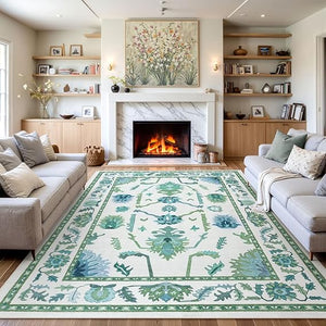 Washable Oushak Area Rug – Floral, Non-Slip, Low Pile