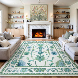 Washable Oushak Area Rug – Floral, Non-Slip, Low Pile