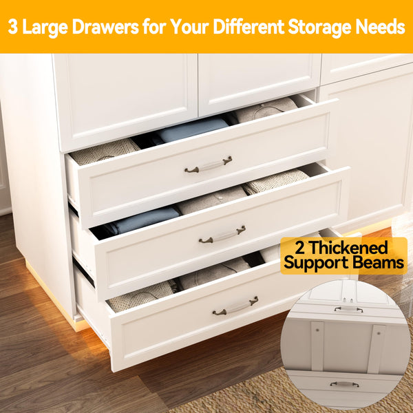 72" Wardrobe Armoire with LED Light & 3 Drawers