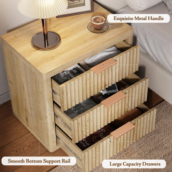 3-Drawer Nightstand with Fluted Design & Metal Handle