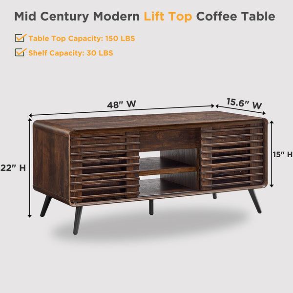 Lift Top Coffee Table with Hidden Storage & Slatted Door — Dark Walnut