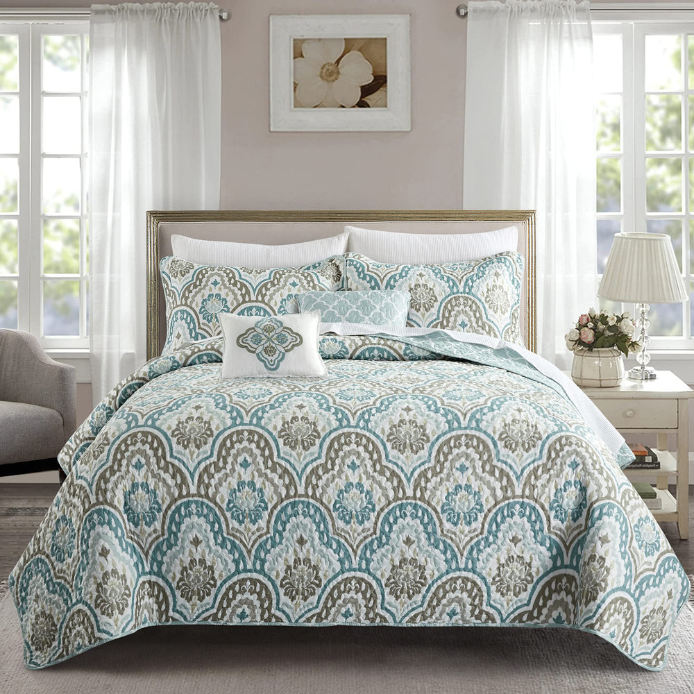 Teal Aqua Floral Quilted Coverlet Bedspread Set with Shams & Pillows
