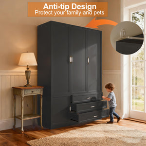 72" 3-Door Wardrobe with LED Light & Drawers