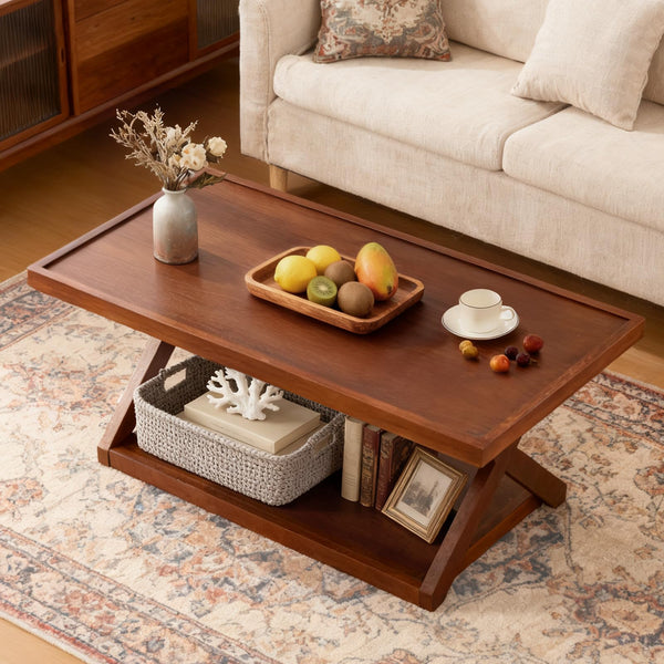 Solid Oak 2-Tier Coffee Table with X-Shaped Base