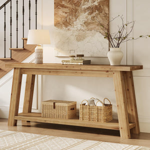 70.9" Solid Wood Console Table with 2-Tier Storage Shelf