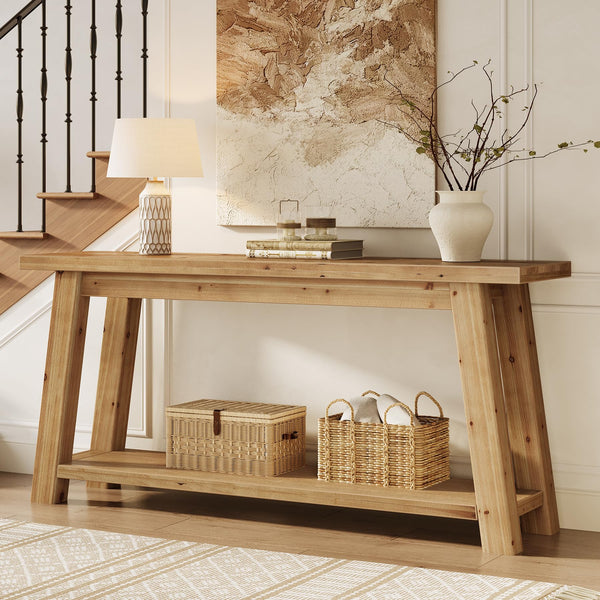 70.9" Solid Wood Console Table with 2-Tier Storage Shelf
