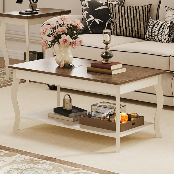 Rustic Coffee Table with Curved Legs & Storage Shelf