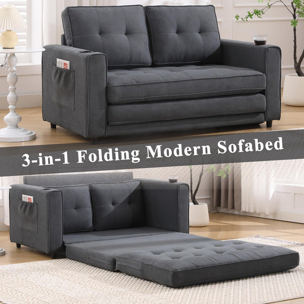 55" Convertible Loveseat Sofa Bed with Side Pockets & Cup Holder