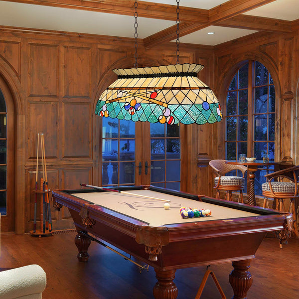 Tiffany Stained Glass Pool Table Pendant Light – 3-Light Amber Green