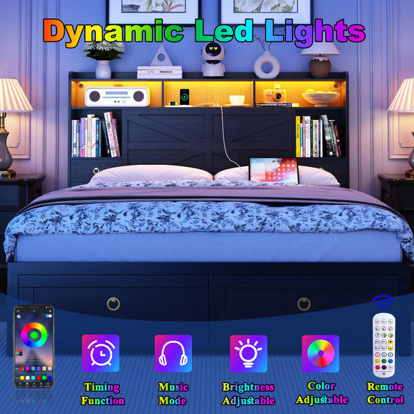 Platform Bed Frame with LED Lights, Storage Headboard & Charging Station