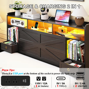 Platform Bed Frame with LED Lights, Storage Headboard & Charging Station