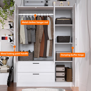 3-Door Wooden Wardrobe Closet with Shelves and Drawers – White
