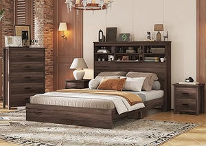 Queen Size Bedroom Set with Dresser & 2 Nightstands – Platform Bed with USB Charging & Storage Headboard