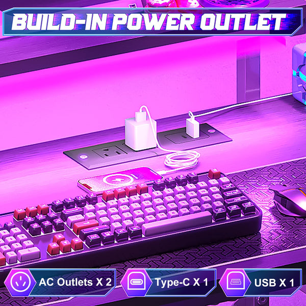33.5" Gaming Desk with LED Lights, Power Outlets & Monitor Stand