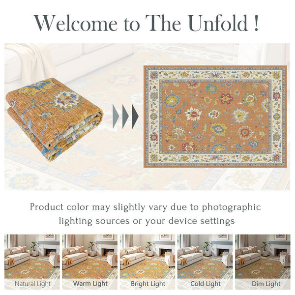 Oushak Washable Area Rug – Orange Ochre Floral, Non-Slip, Machine Washable