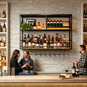 Wall Mounted Bar Shelf with LED & Wine Glass Rack