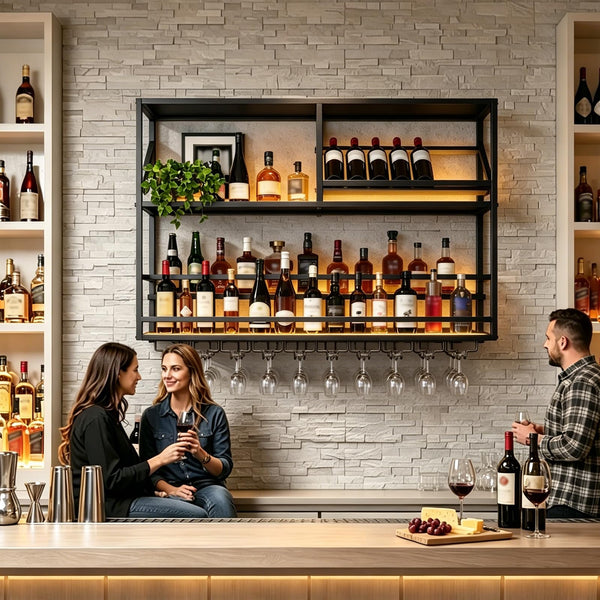 Wall Mounted Bar Shelf with LED & Wine Glass Rack