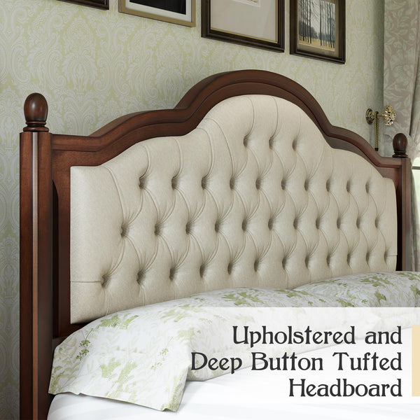 King Size Solid Wood Platform Bed with Upholstered Headboard – Walnut
