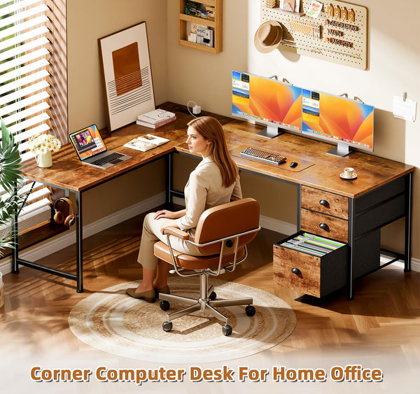 L-Shaped Computer Desk with Power Outlet & USB-C, File Cabinet, Fabric Drawers