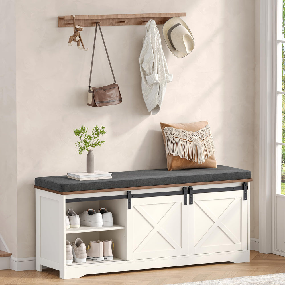 Farmhouse Shoe Bench with Cushion & Sliding Barn Doors