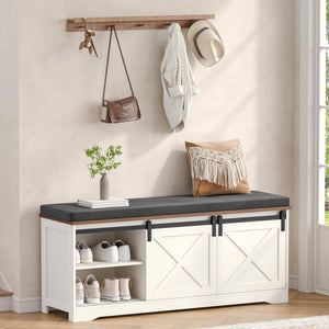 Farmhouse Shoe Bench with Cushion & Sliding Barn Doors