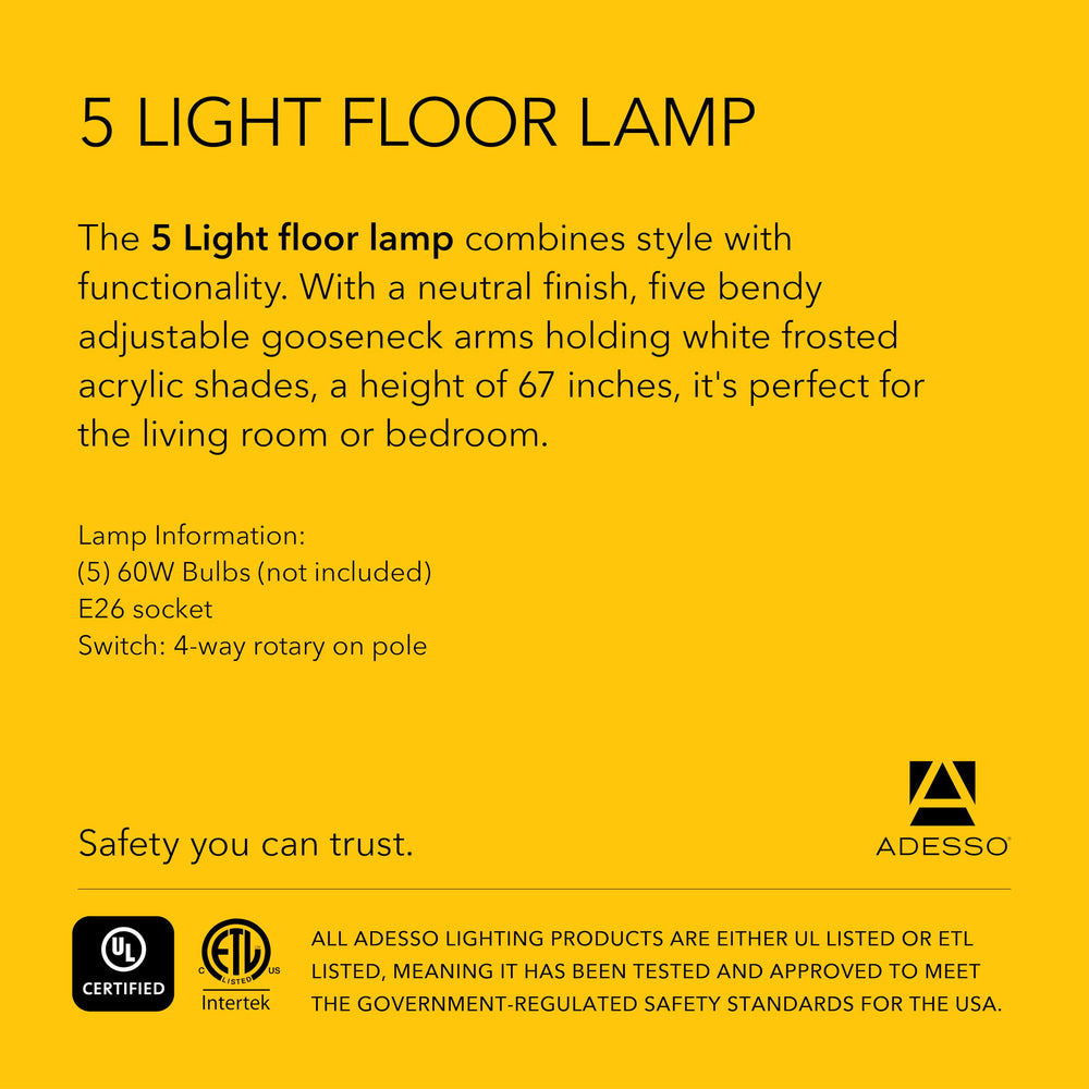 5-Head Arc Floor Lamp with Adjustable Gooseneck Shades