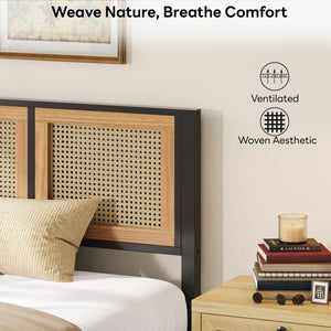 Rattan Headboard Platform Bed Frame