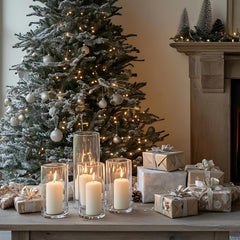 Glass Hurricane Candle Holders with White Pillar Candles Set of 12