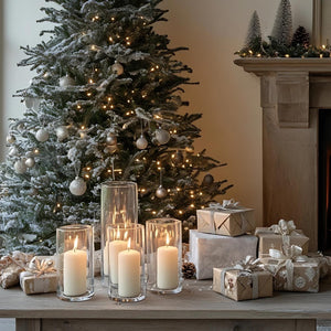 Glass Hurricane Candle Holders with White Pillar Candles Set of 12
