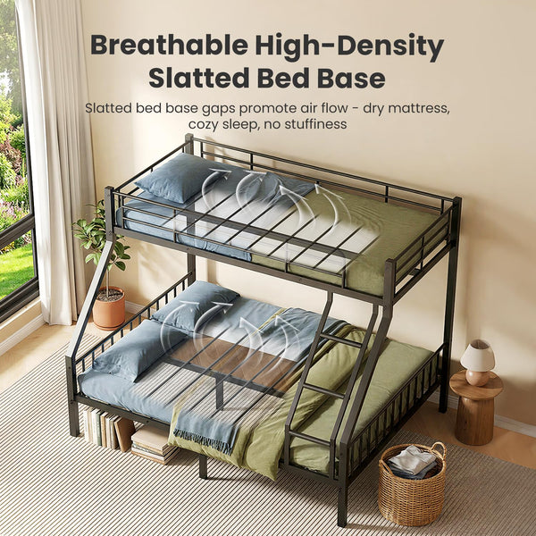 Twin XL Over Queen Metal Bunk Bed with Guardrails and Padded Ladder