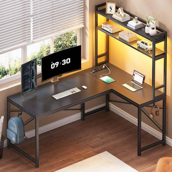 L-Shaped Corner Desk with Power Outlet & LED Lights