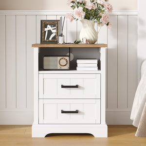 Farmhouse Nightstand Set of 2 with Charging Station & 2 Drawers