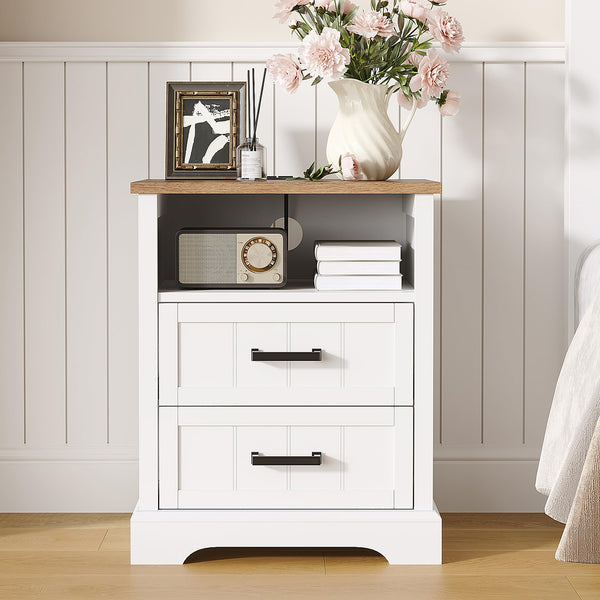 Farmhouse Nightstand Set of 2 with Charging Station & 2 Drawers