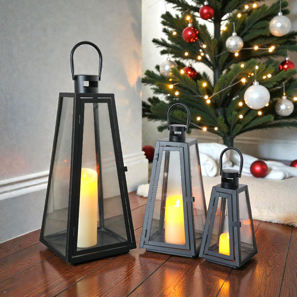 Set of 3 Decorative Metal Candle Lanterns with Tempered Glass — Indoor & Outdoor