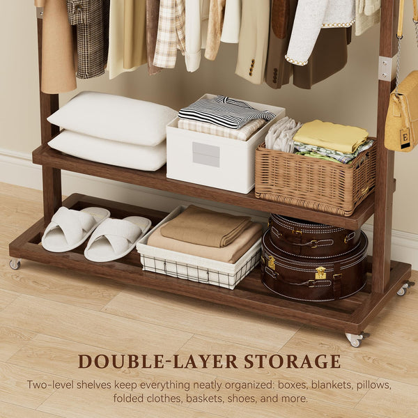 Solid Wood Freestanding Clothes Rack with Wheels
