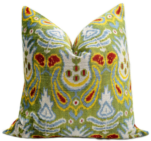 Multicolor Ikat Velvet Throw Pillow 20x20 with Down Feather Insert