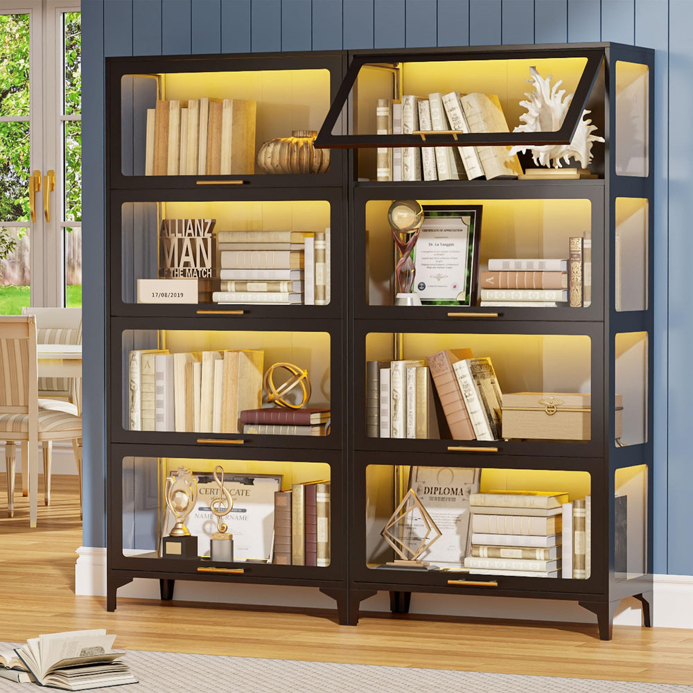 5-Tier Glass Display Cabinet with Flip-Up Doors & LED Lighting