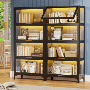 5-Tier Glass Display Cabinet with Flip-Up Doors & LED Lighting