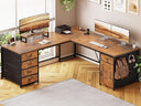 L-Shaped Desk with Drawers, Power Outlet & Monitor Shelf